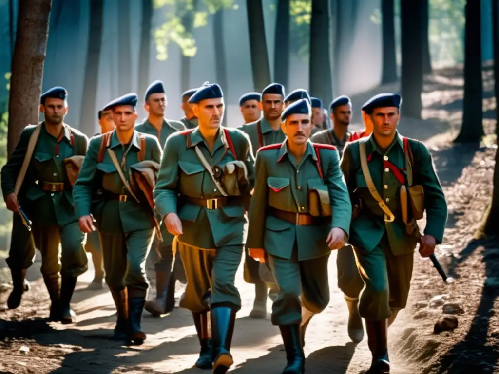 Un grupo de partisanos yugoslavos, liderados por Tito, marcha con determinación a través de un denso bosque