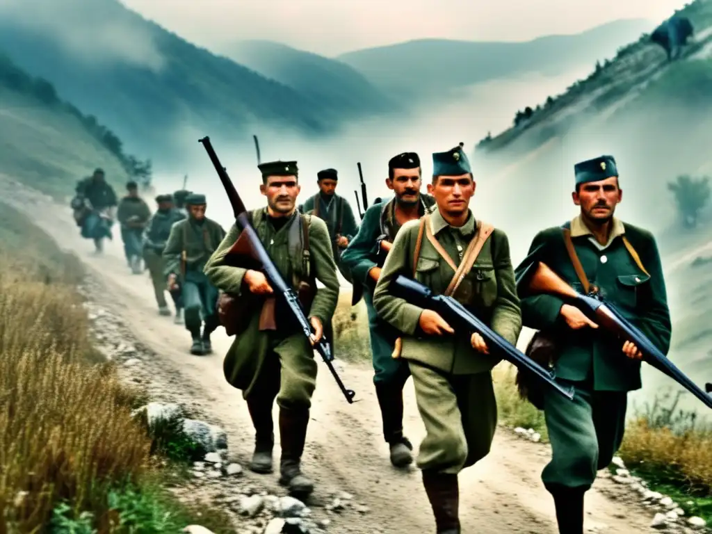 Un grupo de partisanos yugoslavos, liderados por Tito, marchan con determinación a través de las montañas en la Yugoslavia ocupada