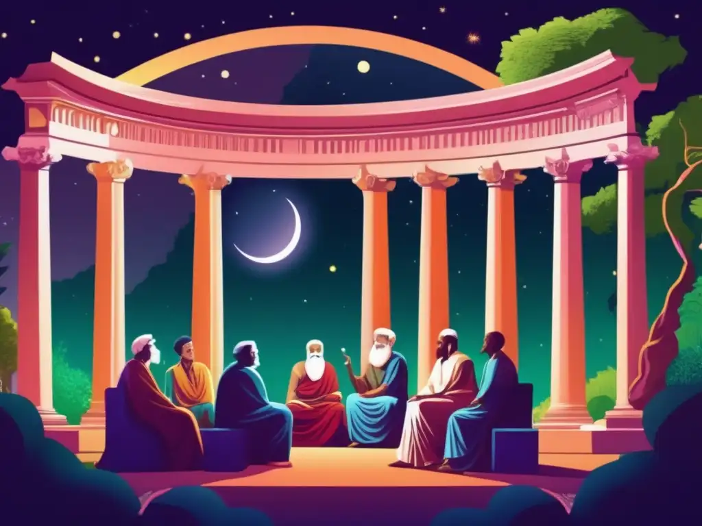 Un grupo de pensadores que desafiaron época inspiraron, debaten bajo un cielo iluminado por la luna entre columnas de mármol y exuberante vegetación