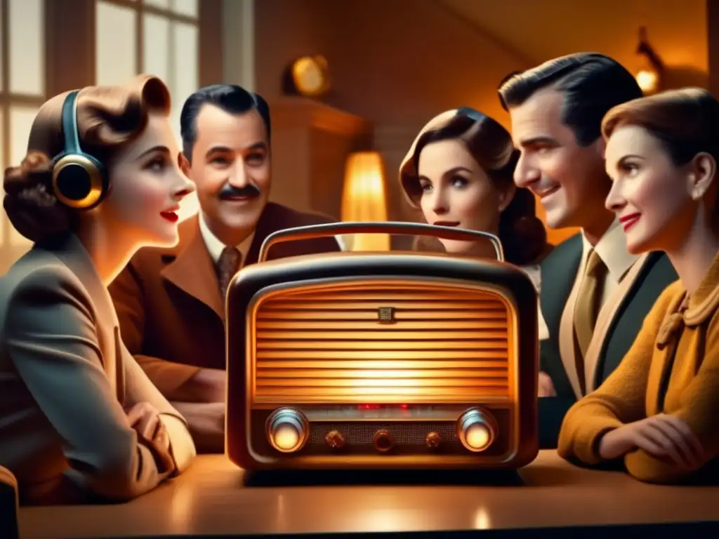 Un grupo de personas escucha con atención un radio vintage, con el dial iluminando sus rostros