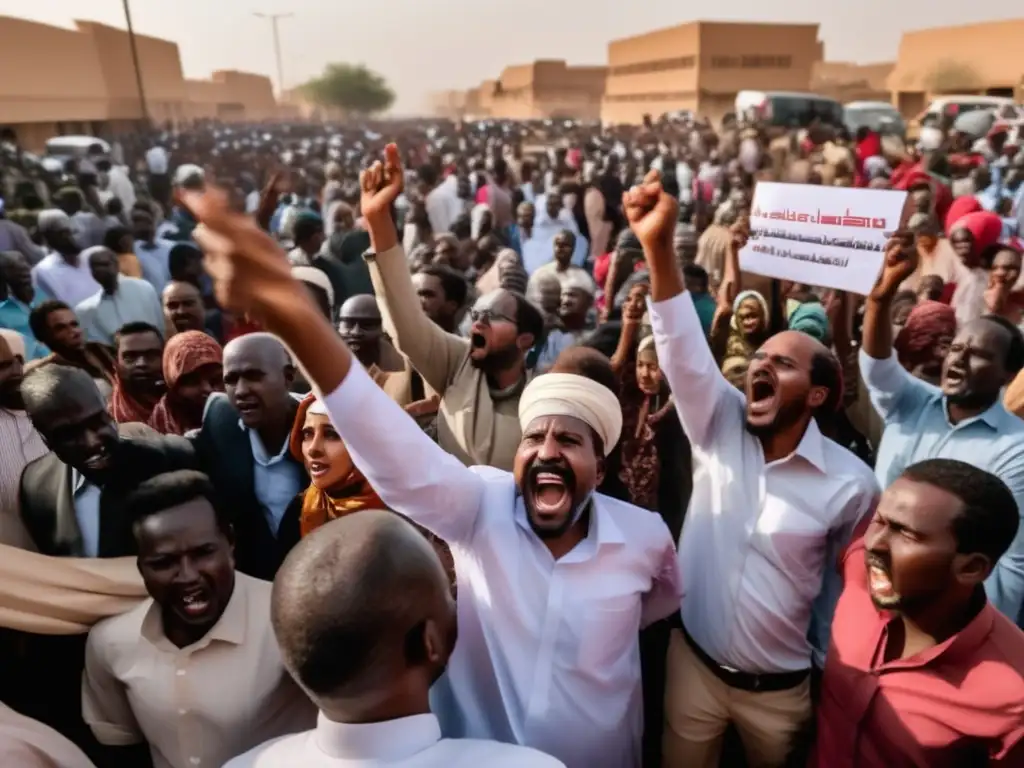 Un grupo de personas protesta en las calles de Sudán, mostrando determinación y resistencia en medio del conflicto por el poder de Omar al Bashir