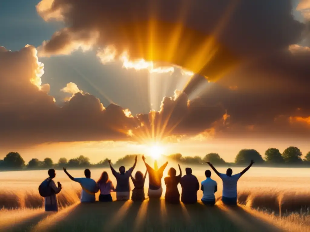 Un grupo de personas en un campo, maravilladas por la aparición mariana Fátima historia completa, con el sol brillando entre las nubes