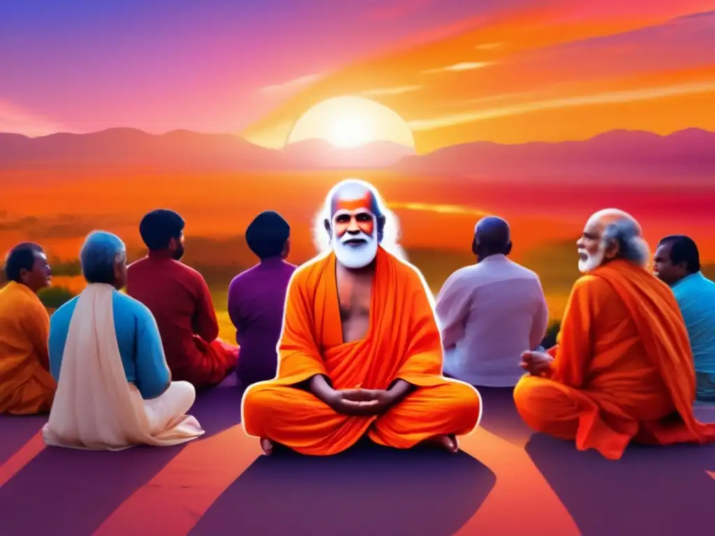 Un grupo de personas se reúne alrededor de Sai Baba en una escena serena al atardecer