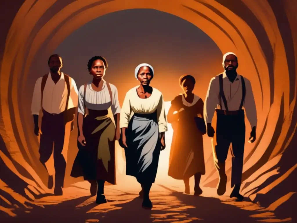 Un grupo de personas esclavizadas emerge de un túnel subterráneo, guiados por Harriet Tubman con determinación
