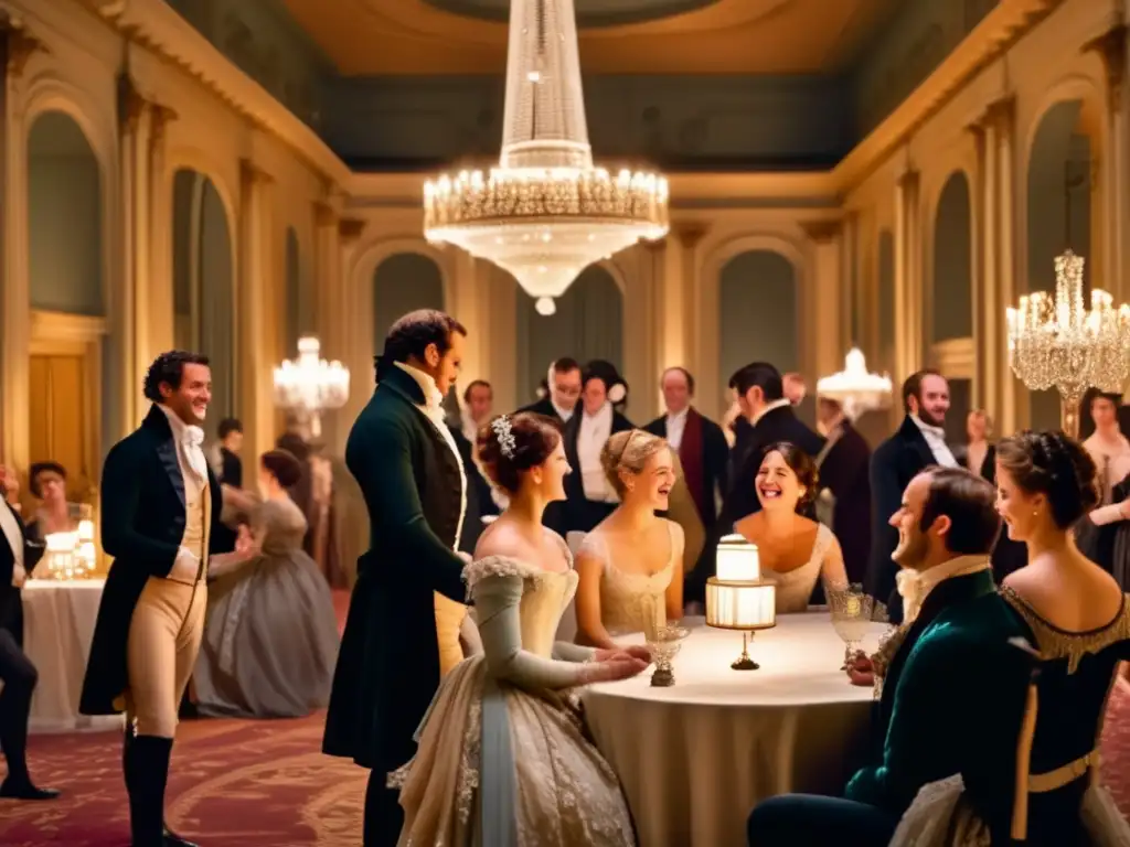 Un grupo de personas elegantemente vestidas disfrutan de una animada conversación en un salón opulento