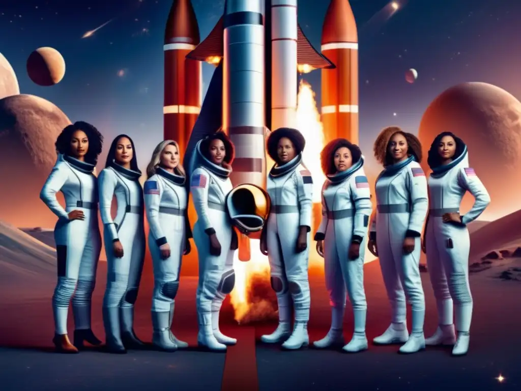 Un grupo de pioneras de la exploración espacial, con trajes futuristas, se paran orgullosas frente a un imponente cohete