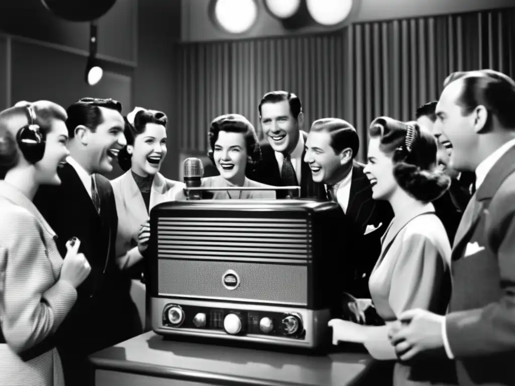 Un grupo de pioneros en estrategias publicitarias en radio y TV, animadamente reunidos alrededor de un micrófono retro en un estudio de radio vintage
