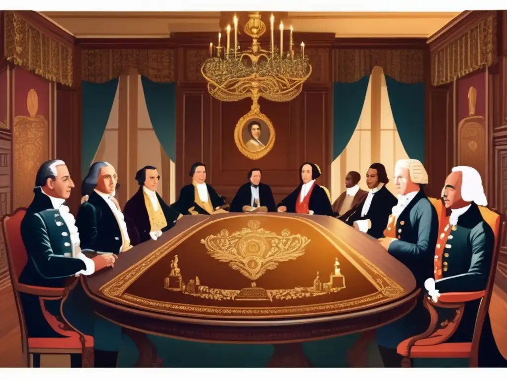 Un grupo de pioneros del Nuevo Mundo, figuras clave, se reúnen en una mesa colonial para discutir asuntos de gobierno y administración, rodeados de luces doradas y tapices lujosos