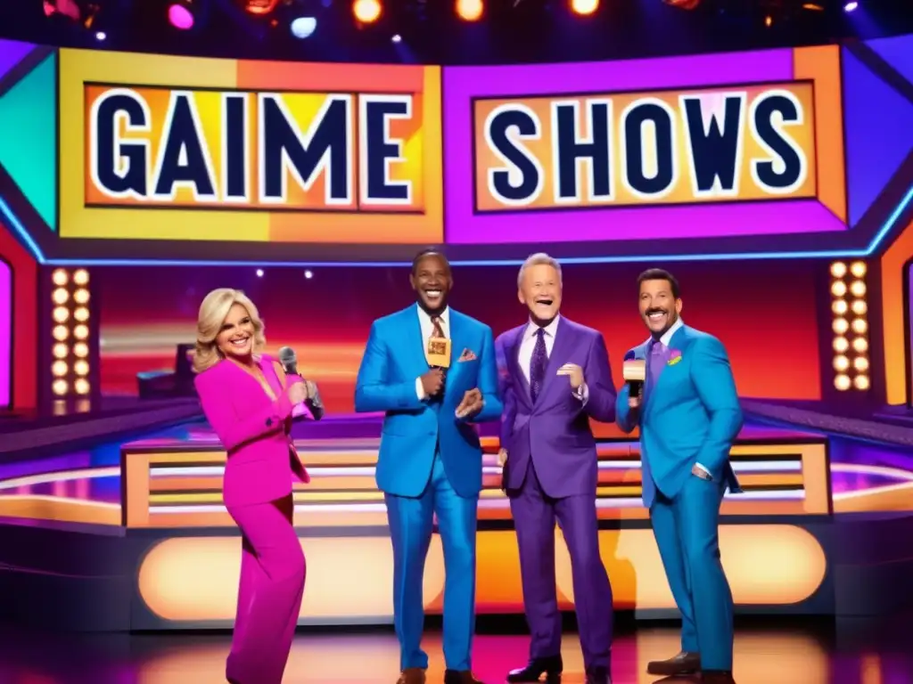 Un grupo de presentadores icónicos de concursos de TV, vestidos con trajes coloridos, sonrientes y animados en un escenario brillantemente iluminado