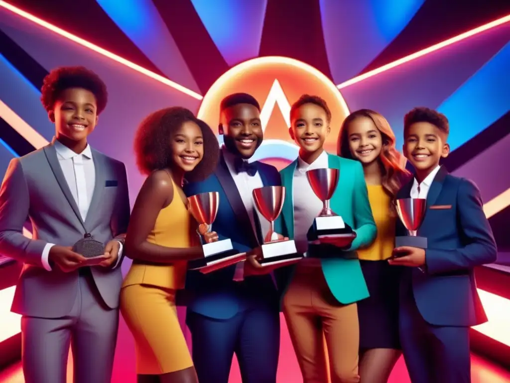 Un grupo de niños prodigio de la televisión posa con premios frente a una moderna pantalla, irradiando energía y revolución en la pantalla