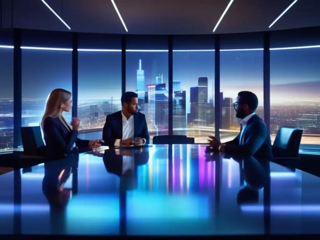Un grupo de profesionales discute datos financieros y gráficos en una sala de juntas futurista con vista a la ciudad de noche