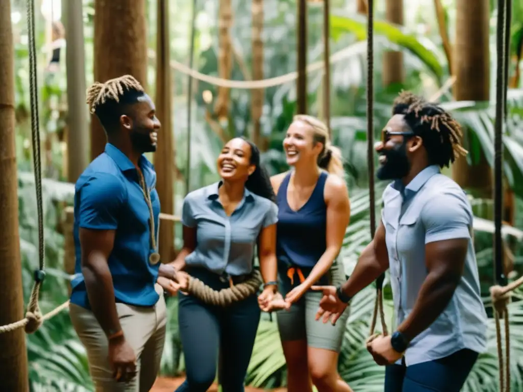 Un grupo de profesionales jóvenes participa en una actividad de trabajo en equipo en un curso de cuerdas en la selva tropical del sudeste asiático