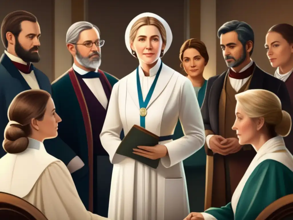 Un grupo de profesionales médicos modernos rodea a Ellen White, quien emana sabiduría y calma, simbolizando su influencia en la salud