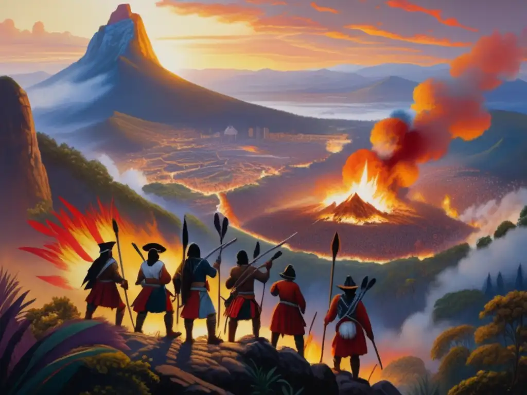 Un grupo de rebeldes indígenas desafía la orden colonial, con la ciudad en llamas abajo