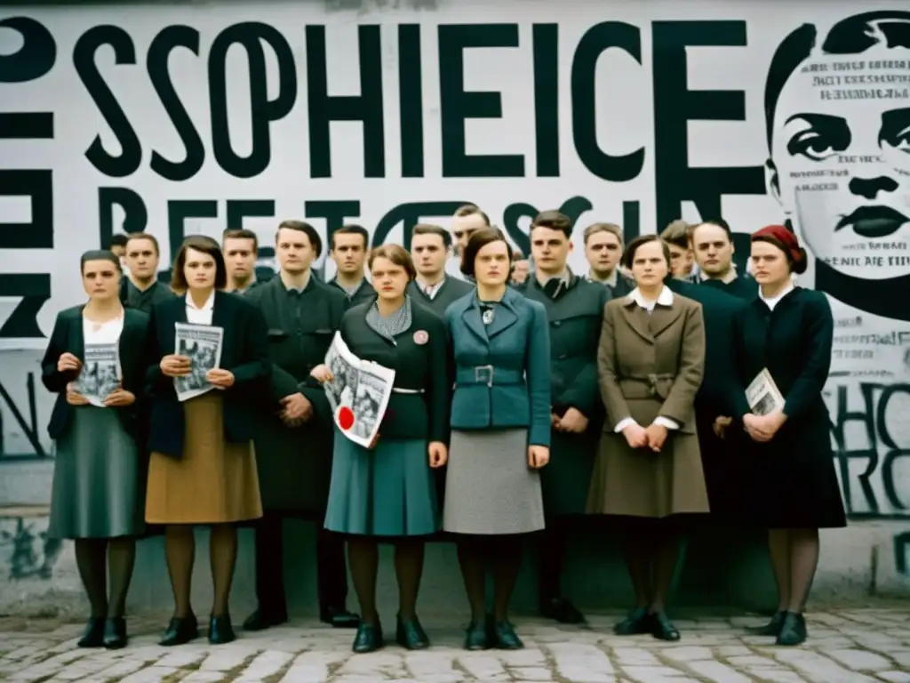 Un grupo de la Resistencia Sophie Scholl desafiando el nazismo, frente a un muro lleno de grafitis de libertad y solidaridad