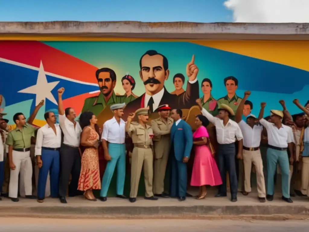 Un grupo de revolucionarios cubanos, liderados por José Martí, frente a un mural vibrante y colorido que representa escenas del movimiento independentista cubano