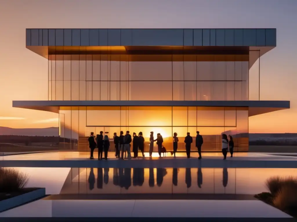 Un grupo de seguidores contempla con reverencia la moderna obra arquitectónica al atardecer