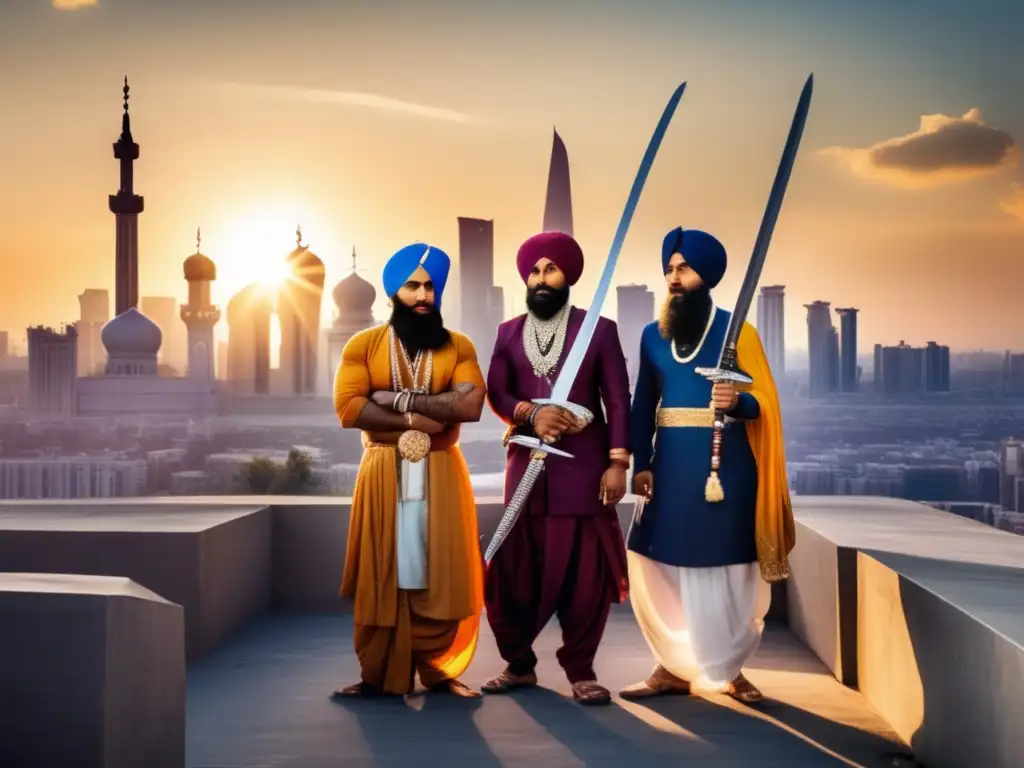 Un grupo de Sikhs con atuendos tradicionales y espadas, contrastando con el paisaje urbano