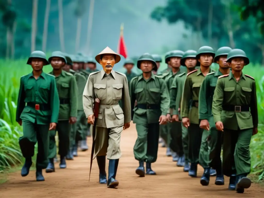 Un grupo de soldados rodea a Ho Chi Minh en la densa selva vietnamita, su mirada firme refleja su liderazgo durante la guerra de Vietnam