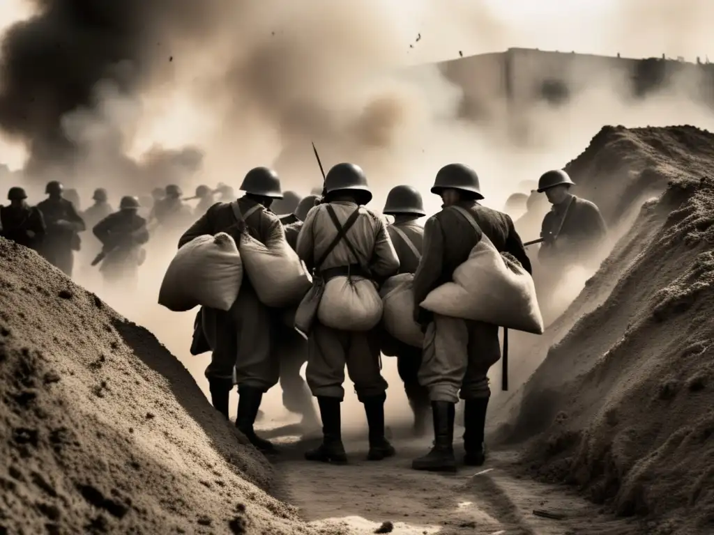 Un grupo de soldados republicanos en la Guerra Civil Española, con rostros de determinación y miedo, se resguarda detrás de sacos de arena