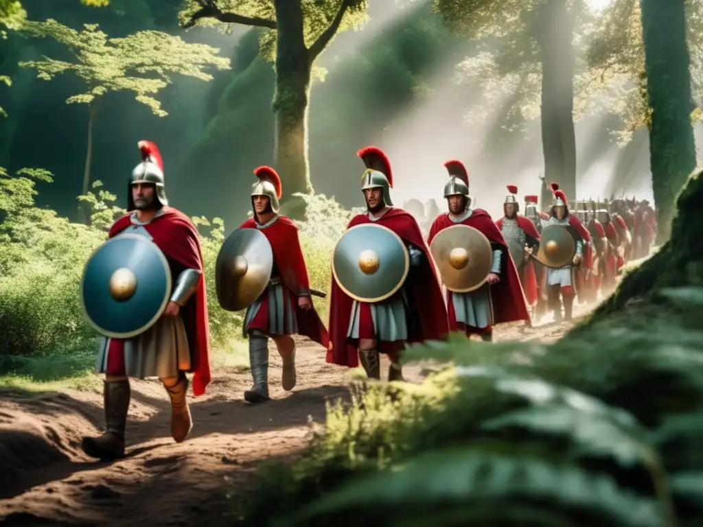 Un grupo de soldados romanos de la Legión IX Hispana avanza en silencio por el denso bosque de Britania, sus capas rojas destacan entre el verdor