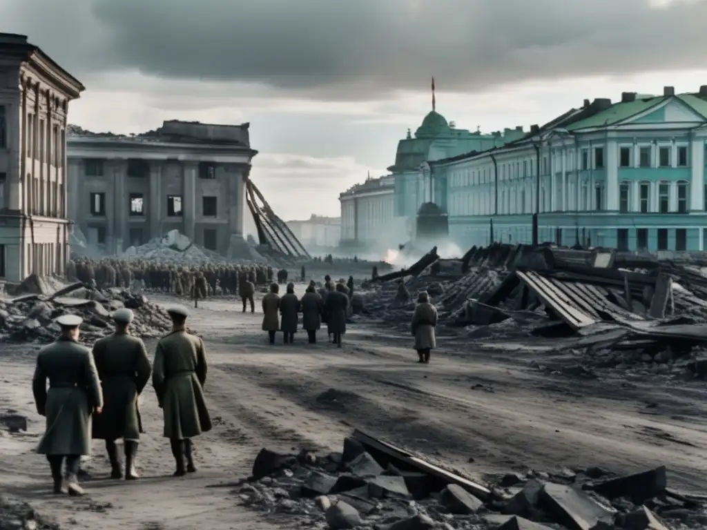 Un grupo de soldados soviéticos desafiantes frente a las ruinas de Leningrado, representando la resistencia soviética en la Segunda Guerra Mundial