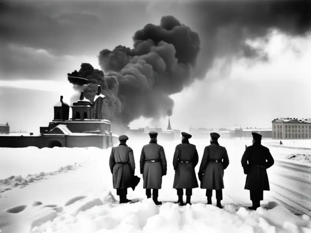 Un grupo de soldados soviéticos se resguarda del frío invernal durante el Asedio de Leningrado