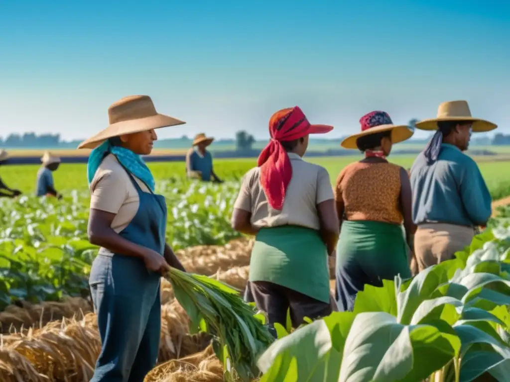 Un grupo de trabajadores agrícolas con sombreros anchos y pañuelos coloridos cosechando cultivos bajo el sol