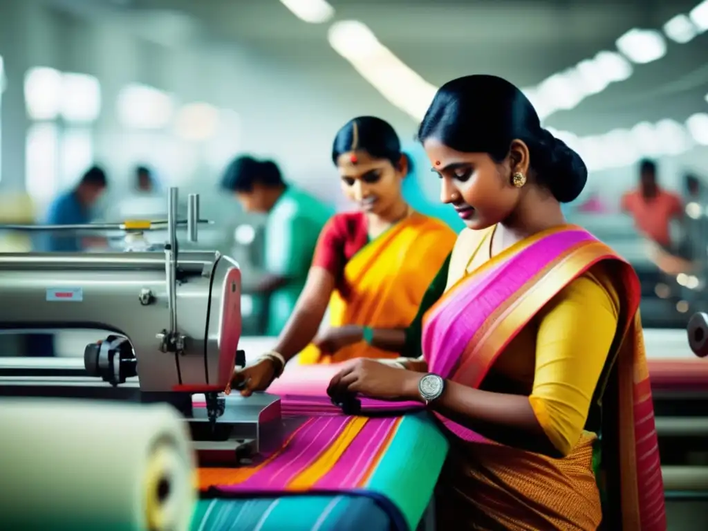 Un grupo de trabajadores textiles de Bangladesh operando maquinaria moderna en una fábrica espaciosa y bien iluminada, con textiles vibrantes de fondo