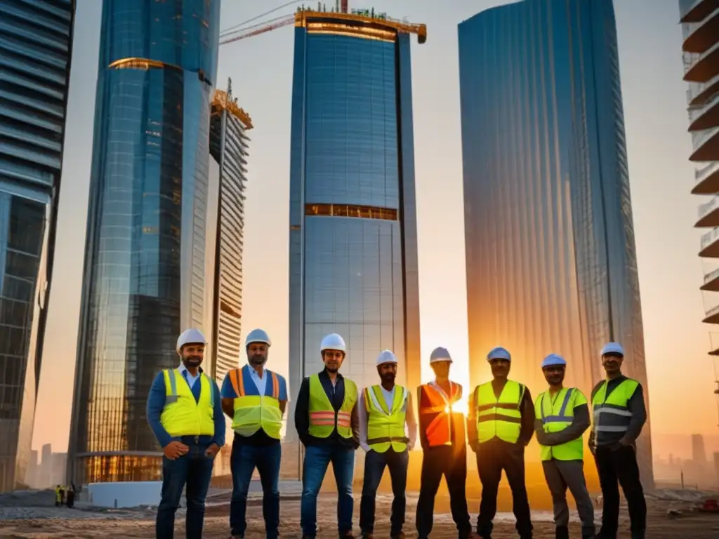 Un grupo de trabajadores de la construcción turcos posa orgulloso frente a un moderno rascacielos al atardecer