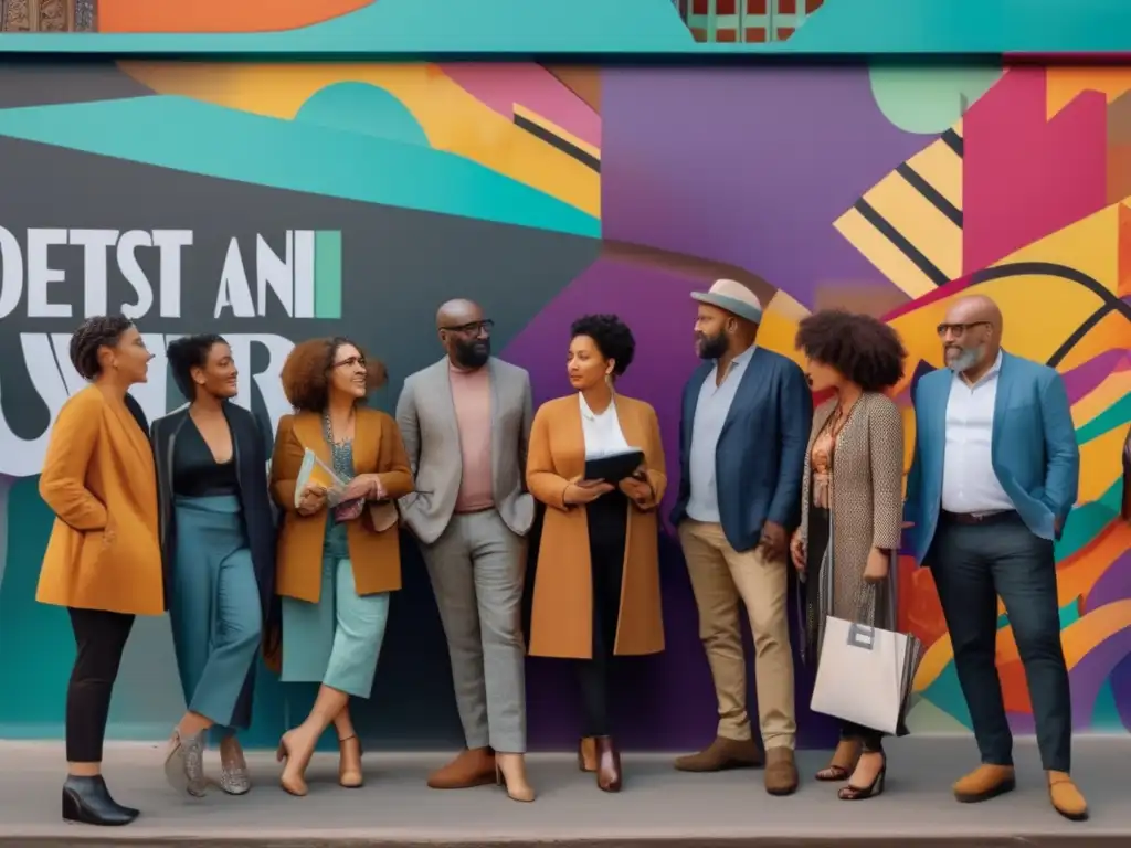Un grupo vibrante de poetas y escritores del movimiento postcolonial conversando frente a murales urbanos coloridos