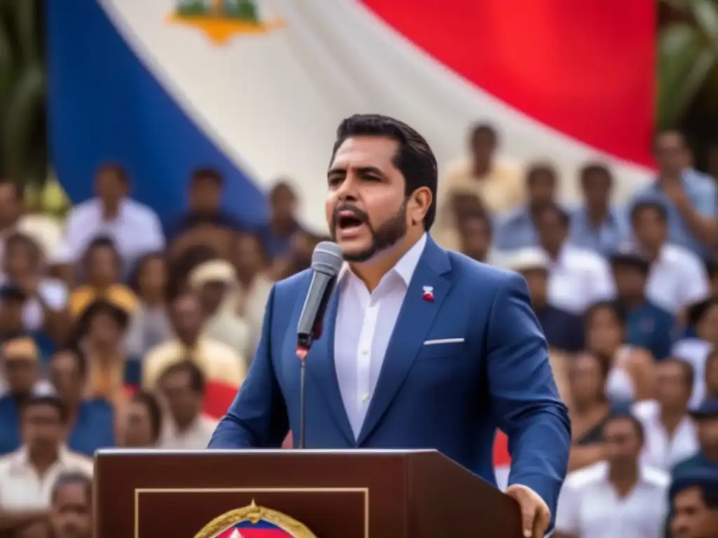 Tomás Guardia liderando un discurso influyente frente a una multitud, con la bandera de Costa Rica en el fondo