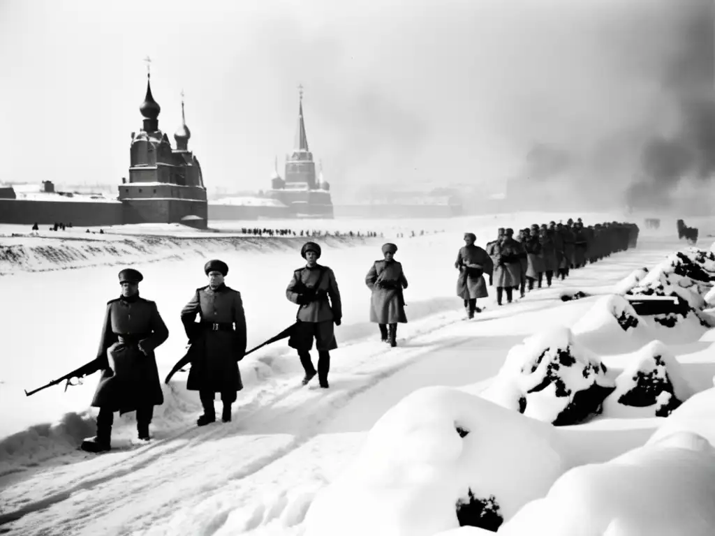 Un guardia soviético en trinchera nevada, con alambre de púas y edificios de Leningrado difuminados al fondo