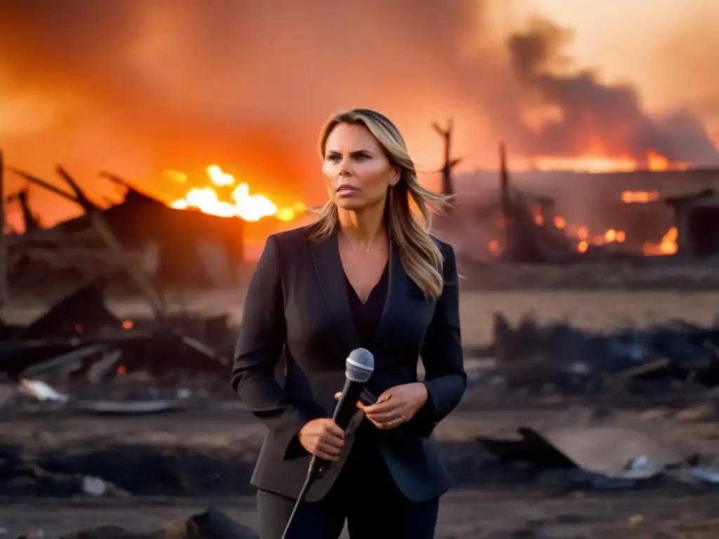 Lara Logan, corresponsal de guerra, informa desde un paisaje devastado al atardecer, mostrando su determinación y valentía moderna