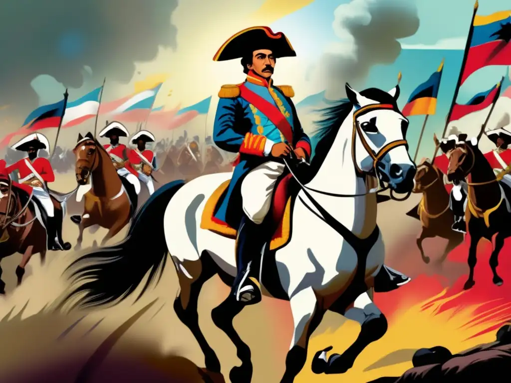 Biografía de Simón Bolívar Guerras Independencia: Imponente obra de arte digital muestra a Bolívar liderando a soldados en vibrante campo de batalla