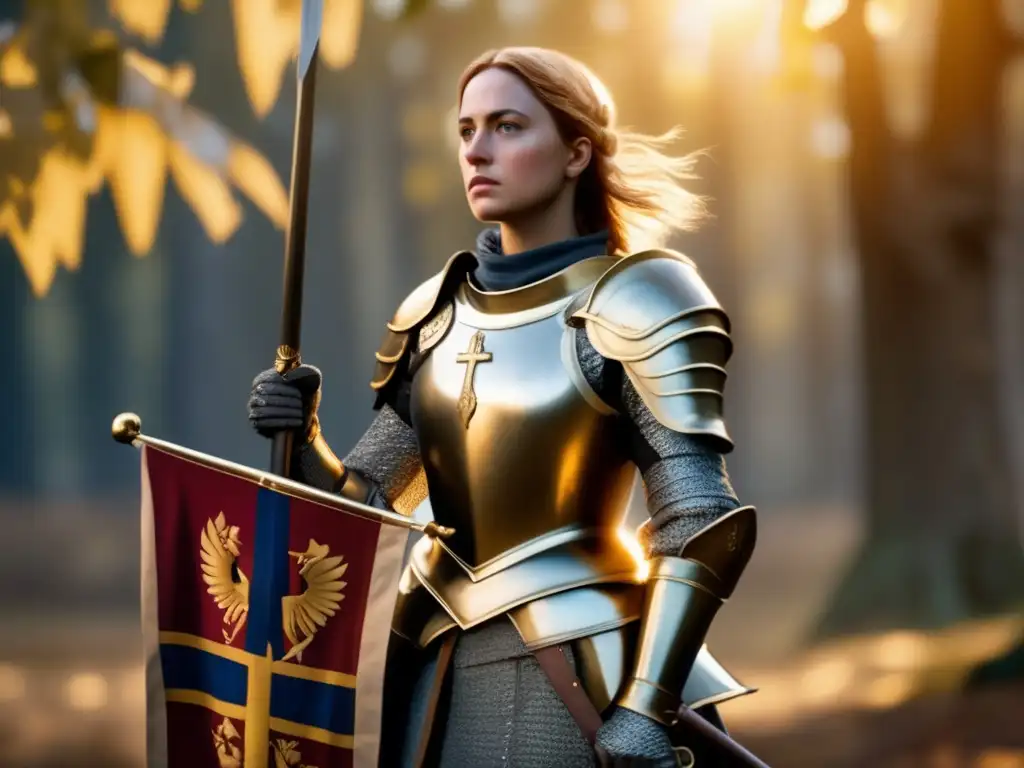 La guerrera santa de la historia de Francia, Joan of Arc, de pie con determinación, sosteniendo la bandera francesa, con luz dorada entre los árboles