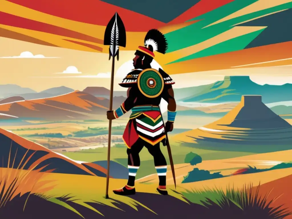Un guerrero Zulú en lo alto de una colina, con atuendo tradicional, mirada intensa y paisaje de colinas