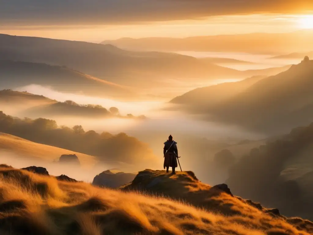 Un guerrero contempla el amanecer en un valle cubierto de niebla