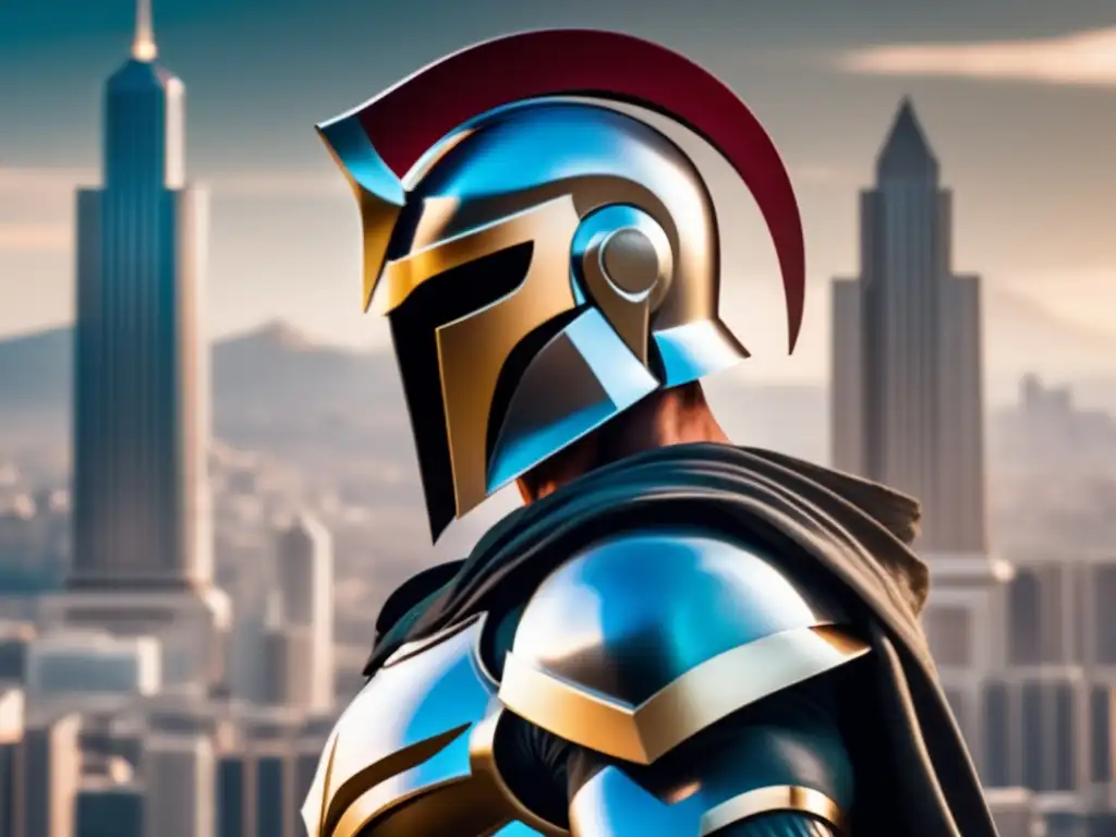 Un guerrero espartano moderno con armadura futurista, con la ciudad de fondo