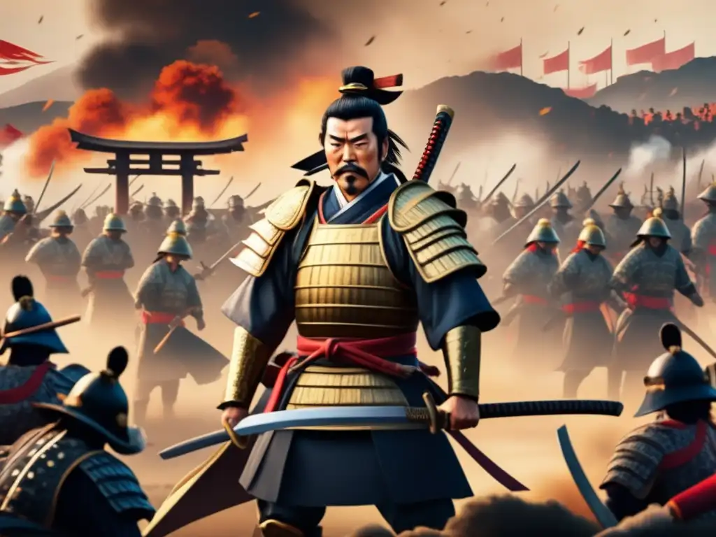Guerreros en combate: Toyotomi Hideyoshi, samurái líder - Imagen 8k Un guerrero samurái, Toyotomi Hideyoshi, en plena batalla, demostrando su liderazgo y destreza
