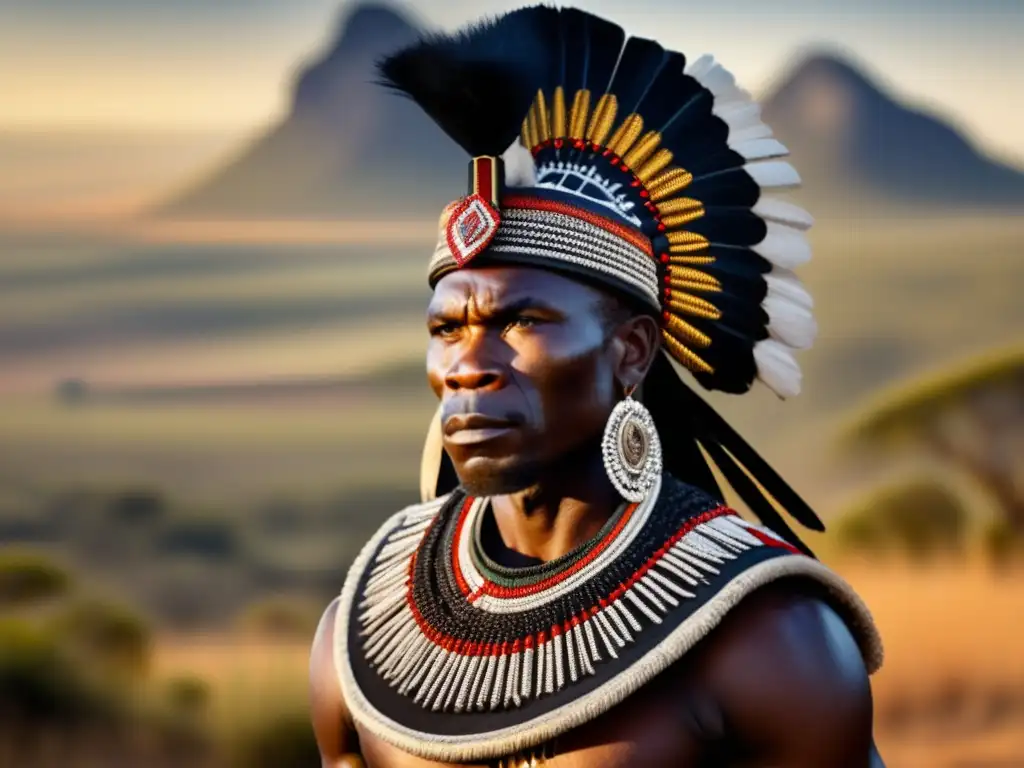 Un guerrero Zulú orgulloso, vistiendo atuendo tradicional, resplandece bajo el sol sudafricano