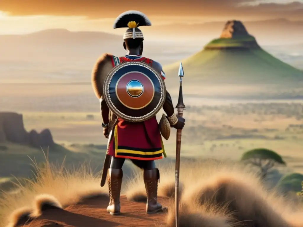Un guerrero Zulú orgulloso en la cima de una colina, con paisaje africano de fondo
