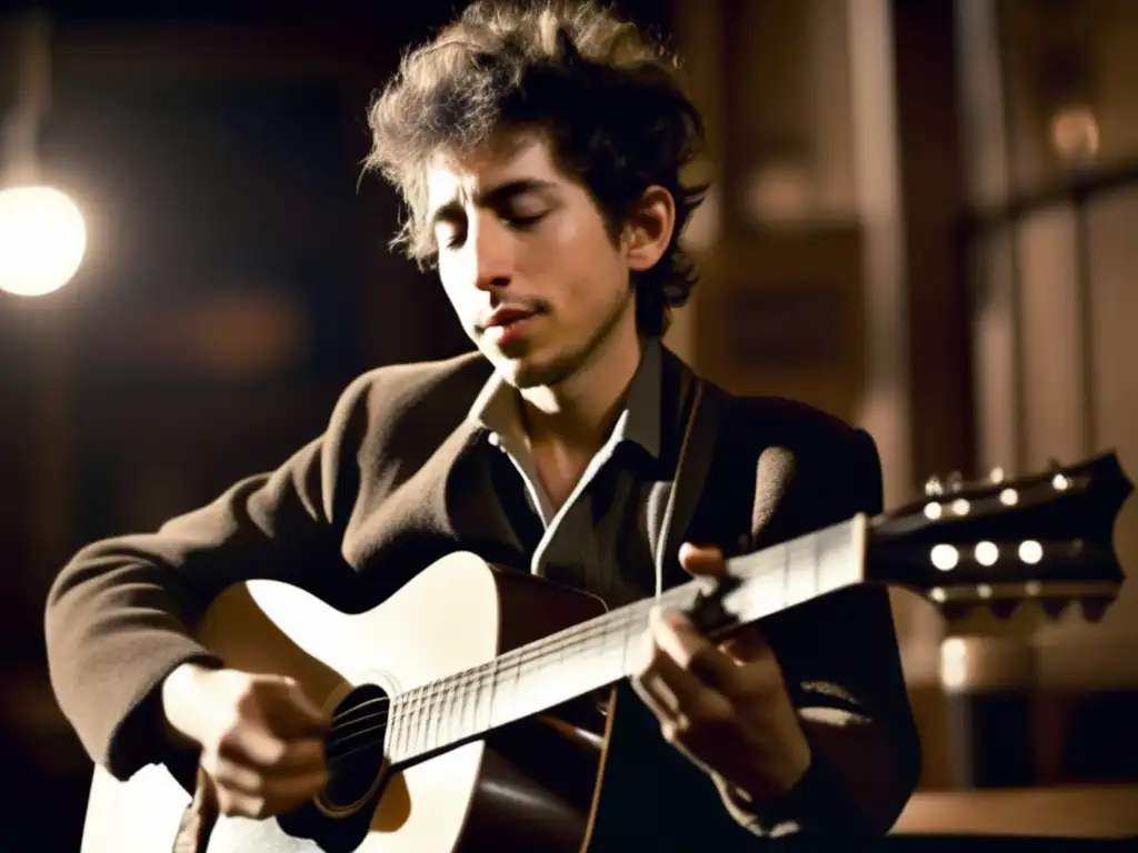 Bob Dylan, joven músico, tocando su guitarra en un café
