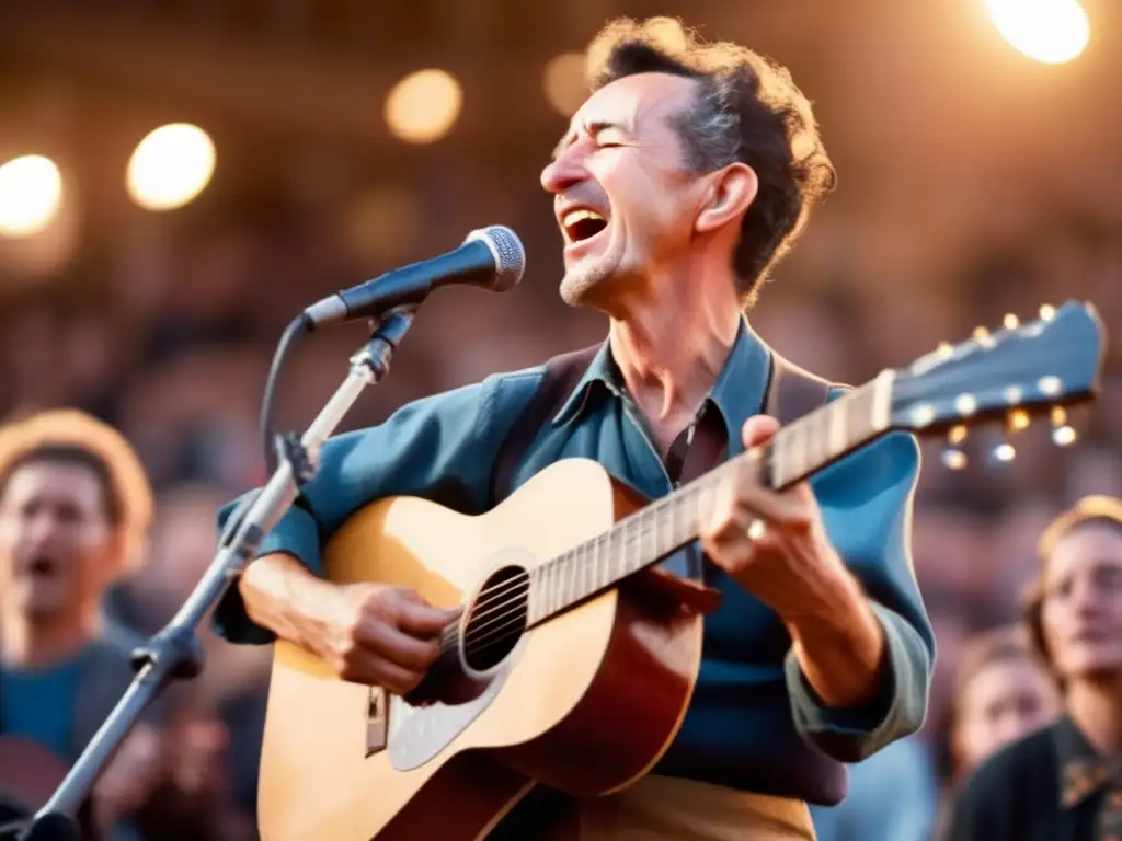 Woody Guthrie, con su guitarra, canta con pasión en un escenario iluminado