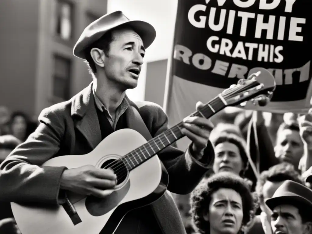 Woody Guthrie tocando su guitarra rodeado de una multitud con pancartas de protesta