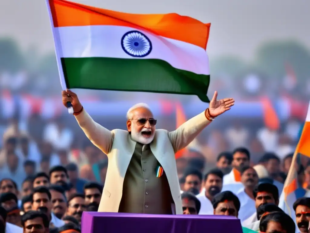 Gulzarilal Nanda lidera apasionado un mitin político en India, con la bandera ondeando al fondo