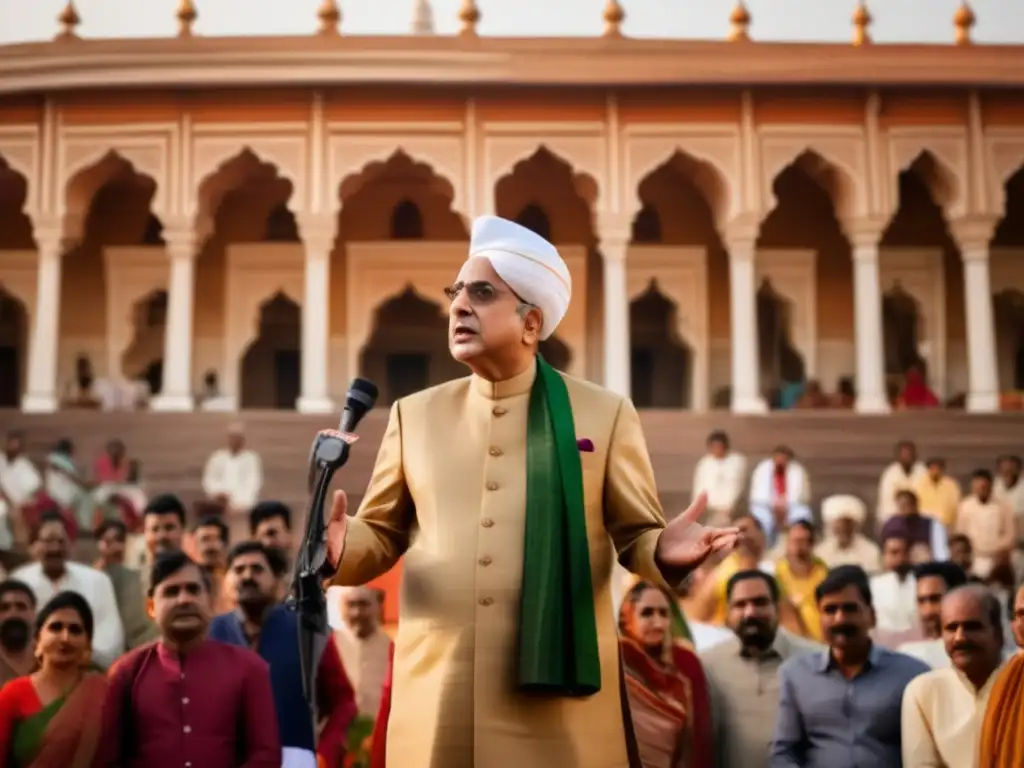 Gulzarilal Nanda, primer ministro de la India, dirige a una multitud con determinación, rodeado de arquitectura histórica y moderna