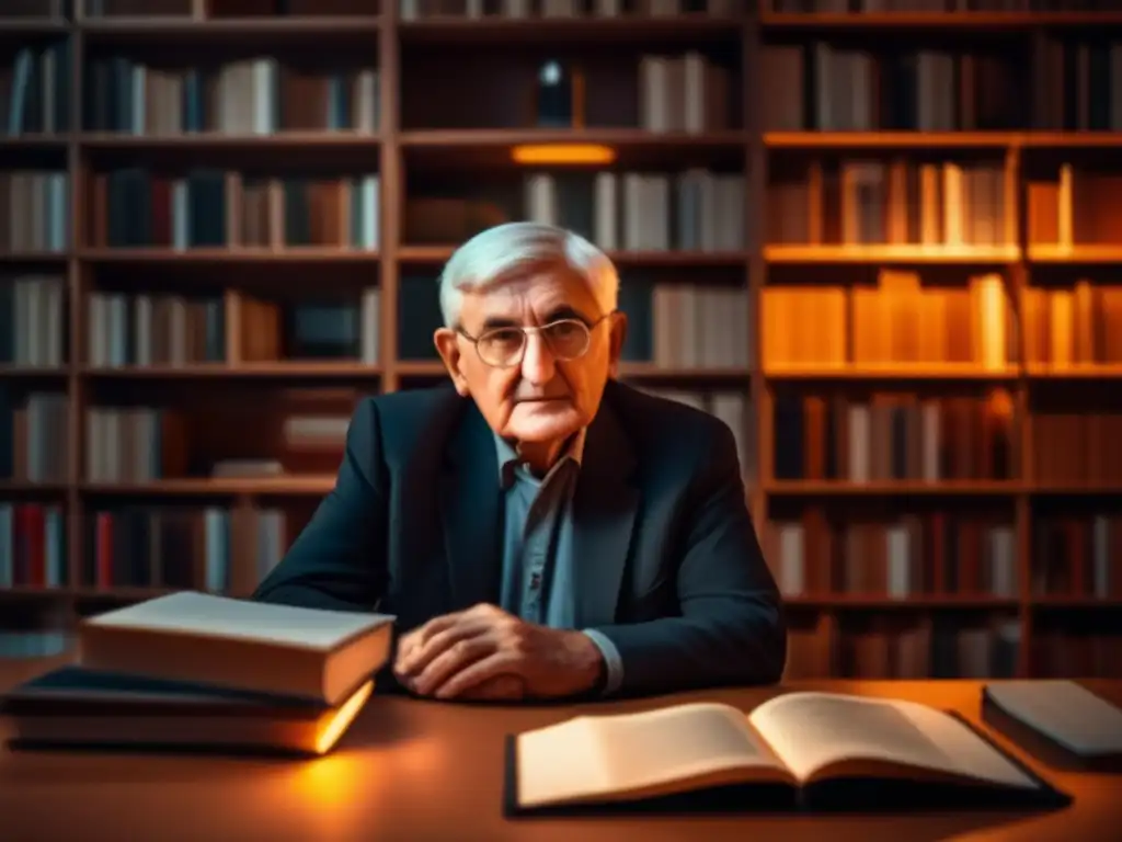 Jürgen Habermas reflexiona en su moderno estudio rodeado de libros de filosofía del derecho moderna
