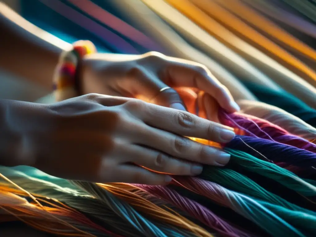 Las hábiles manos de una mujer entrelazan hilos de colores, simbolizando la diversidad de experiencias en el feminismo materialista
