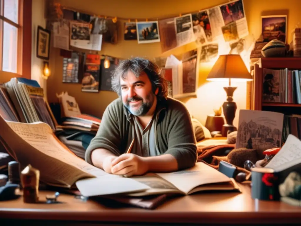 En la habitación acogedora y desordenada, un joven Peter Jackson trabaja emocionado en un guión casero, rodeado de pósters de películas, figuras de acción y su amado ejemplar de 'El Señor de los Anillos'